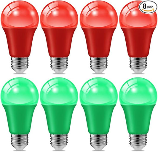 haraqi 8 Pack 9W (60W Equivalent) 120V E26 Base A19 LED Colored Light Bulb, Red Green LED Lights for Party Christmas Decor and Halloween Lighting