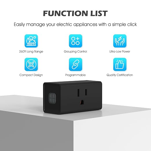 Mini Remote Control Outlet On Off Switch Plug for Christmas Lights, 260ft RF Range, Wireless Remote Light Switch 1875W/15A, Black, FCC Listed(1 Remote + 3 Outlets)