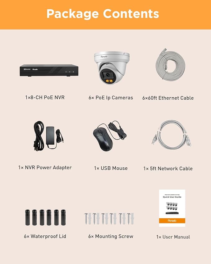 5MP NVR Security Camera System, 6PCS Wired 5MP IP Surveillance Dome Turret Cameras with Person Detection, Smart Dual Lights Color Night Vision, 4K 8 Channel PoE NVR 2TB HDD, PD93BA0608-5MDF