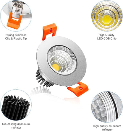 LightingWill 2Inch LED Recessed Ceiling Light, 3W Dimmable LED Downlight, 60 Beam Angle COB Recessed Lights with Driver, Daylight White 5000K-5500K, 25W Halogen Bulbs, Silver 1Pack