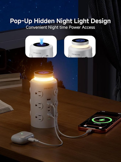 Tower Power Strip with Wireless Charging & Night Light - PD20W Fast Charging Station,12 Outlets, 5 USB (3 USB-C),1800J Protection, 6FT Extension Cord, Home Office Essentials(White)
