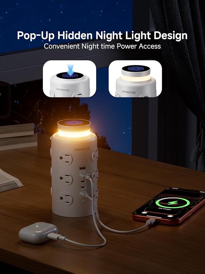 Tower Power Strip with Night Light,PD20W USB C Power Strip Tower with Multiple Outlets, 12 Outlets,5 USB Ports (3 USB-C), 6FT Extension Cord Desk Charging Station for Home,Office,Dorm Essentials,White