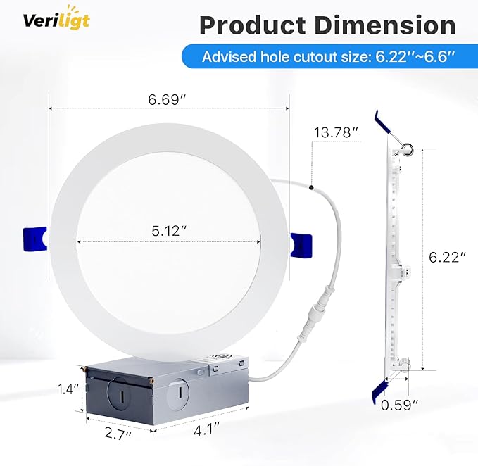 6 Pack 6 Inch 5CCT LED Recessed Light, Silm Canless Recessed Lighting, Dimmable, Damp Rated, 2700K-5000K Selectable, Wafer Ceiling Downlight with Junction Box, 1200LM, 12W 120V, ETL&FCC