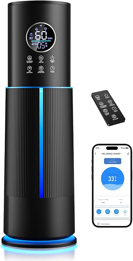 10L/2.64 Gal Humidifier for Large Room 600ft² 60H Runtime 24H Timer Auto Mode APP & Remote Control Top Fill Diffuser Aromatherapy 7 Color Lights Cool Mist Humidifier for Bedroom Home Office Plant