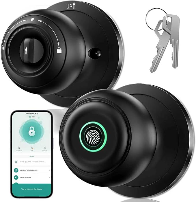 Fingerprint Door Lock, Smart Fingerprint Door Knob with Lock, Biometric Door Lock with App Control & Key, Keyless Thumbprint Entry Door Locks for Bedrooms, Front Door, Home, Apartment-Carbon Black