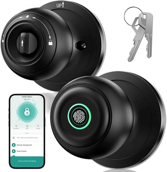 Fingerprint Door Lock, Smart Fingerprint Door Knob with Lock, Biometric Door Lock with App Control & Key, Keyless Thumbprint Entry Door Locks for Bedrooms, Front Door, Home, Apartment-Carbon Black