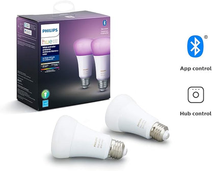 Philips Hue (1) Bridge with (2) Smart 60W A19 LED Bulb, White and Color Ambiance Color-Changing Light, 800LM, E26 - Control with Hue App - Works with Alexa, Google Assistant, Apple Homekit, and Matter