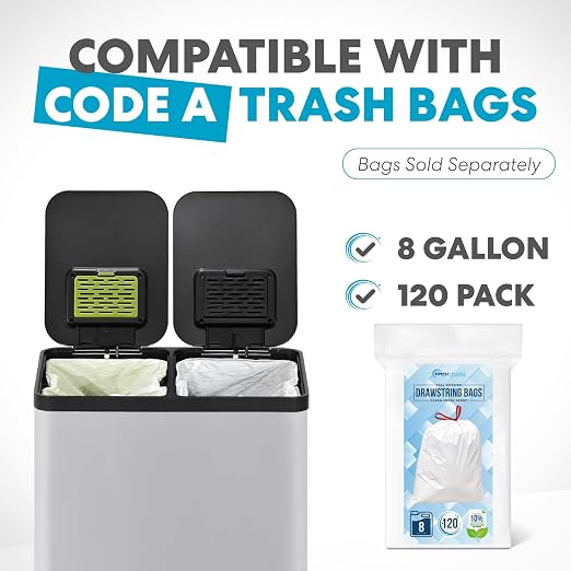Simpli-Magic 60 Liter / 16 Gallon Rectangular Hands-Free Dual Compartment Recycling Kitchen Step Trash Can with Soft-Close Single Lid, Stainless Steel (30L x 30L Capacity) White