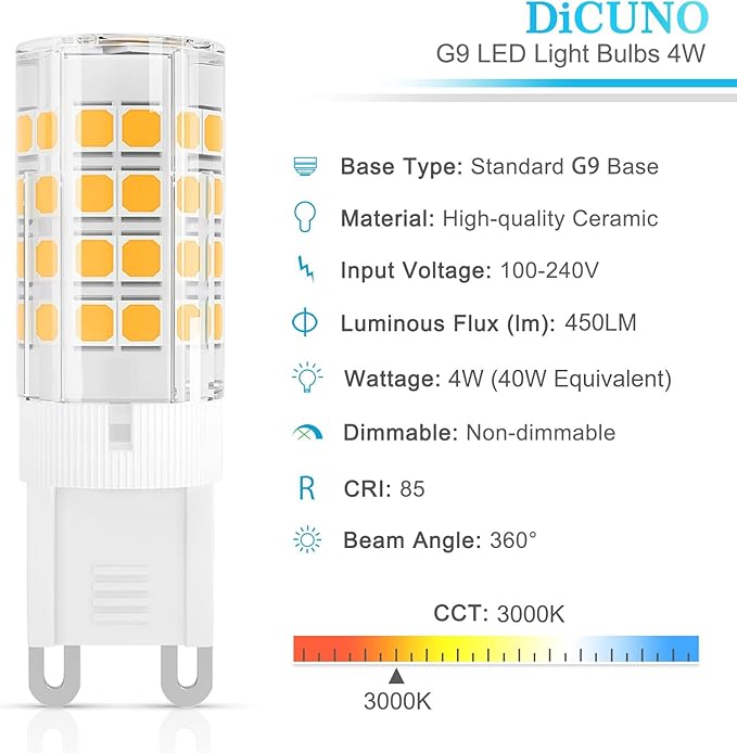 DiCUNO G9 LED Light Bulb 4W, 40W Halogen Replacement, Warm White 3000K, 450 Lumen, G9 Bi-Pin Ceramic Base Bulb, 120V, Non-dimmable, for Chandelier Lighting, Pendant Light, 10-Pack