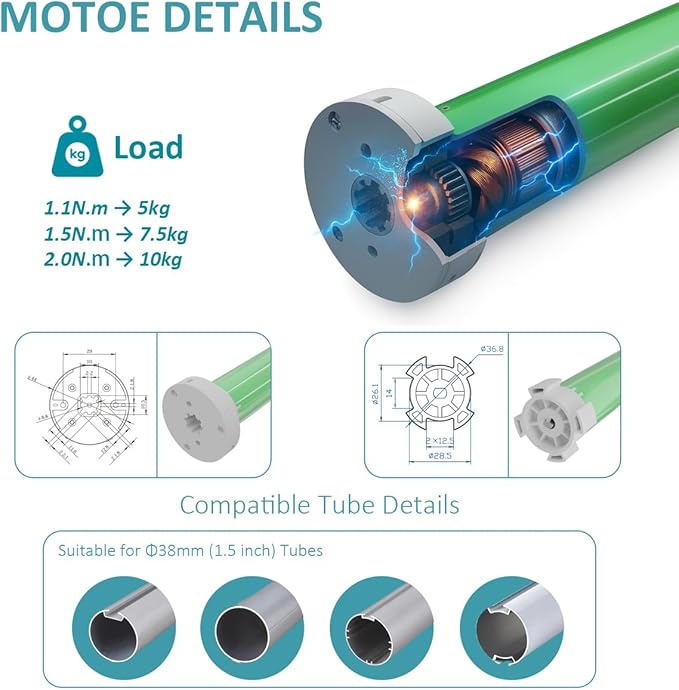 ZigBee Smart Roller Shade Motor for 1.5" Tube (38mm), Solar Powered Electric Blind Motor Kit, Quiet Wireless Retrofit for Roller/Zebra Shades, App/Voice Control (2.0N.m Torque)