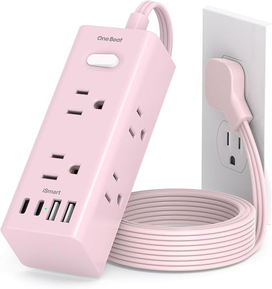 5Ft Extension Cord with Multiple Outlets, Flat Plug Power Strip Surge Protector with 5 Ft Long Cord, 6 Outlet 4 USB Ports (2 USB C), Multi Outlet Wall Plug for College, Dorm Room Essentials(Pink)