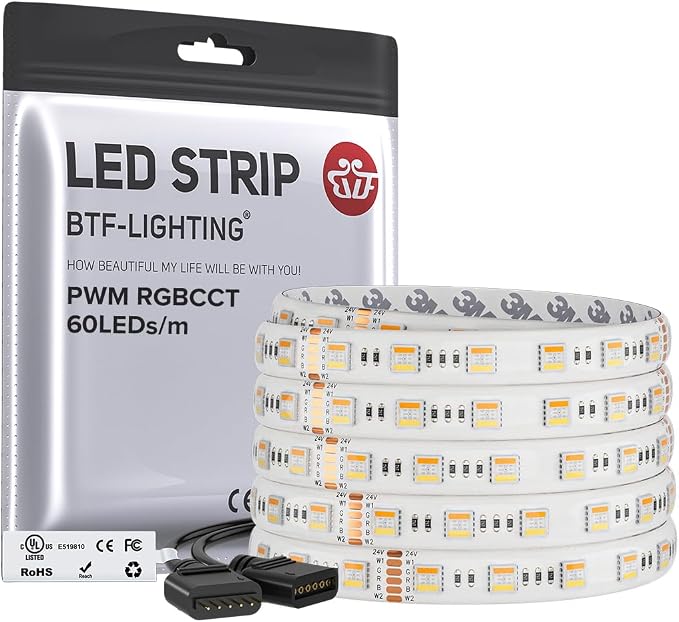 BTF-LIGHTING RGBCCT LED Strip UL Listed 16.4ft 60LED/m 300LED DC24V IP65 | White LED Tape 12mm wide 5 Colors in 1 RGB+Dimmable Tunable Color Temperature 2700K-6500K for Decor(No Adapter or Controller)