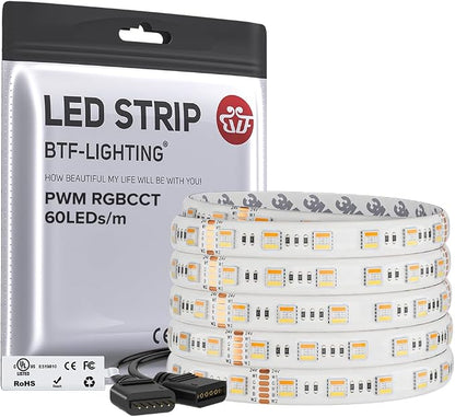 BTF-LIGHTING RGBCCT LED Strip UL Listed 16.4ft 60LED/m 300LED DC24V IP65 | White LED Tape 12mm wide 5 Colors in 1 RGB+Dimmable Tunable Color Temperature 2700K-6500K for Decor(No Adapter or Controller)