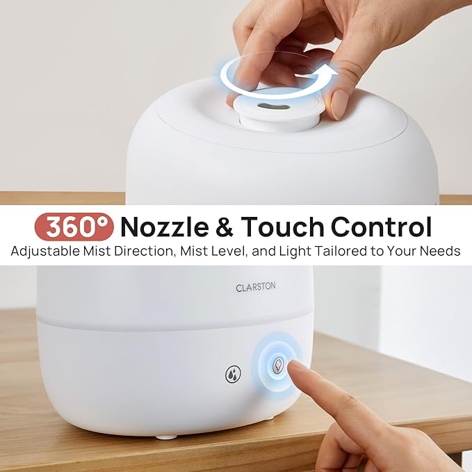 Clarston 2L Cool Mist Humidifier for Bedroom with 360° Adjustable Nozzle, High and Low Mist Levels, Ultra-Low Noise, Light-Off, No BPA, Auto Shut Off, Ideal Baby Humidifier with Easy Top Filling