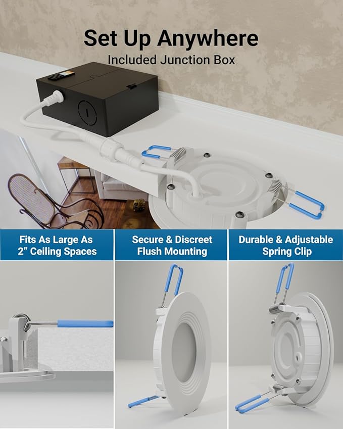 Sunco 12 Pack 3 Inch Recessed Lighting LED, Canless Ultra Thin Flush Mount Ceiling Fixture Light with Junction Box, 550 Lumens, Selectable CCT 2700K/3000K/4000K/5000K/6000K, Dimmable, 6W=50W UL/ETL