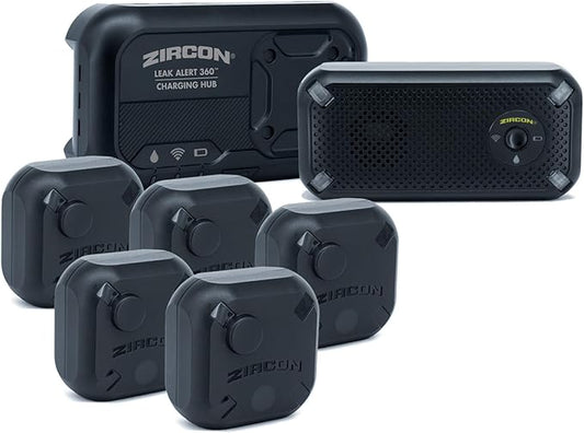 Zircon Leak Alert 360 Smart Water Leak Detector Kit with WiFi - iPhone Only iOS Alerts - Flood Protection for Home, Kitchen, Bathroom, Basement, Includes 5 Sensors, Charging Station and Alarm