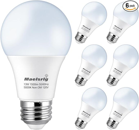 Maelsrlg 100 Watt Light Bulb Equivalent A19 LED - 90 CRI, 13W 1500LM, Daylight 5000K, E26 Base, Non-Dimmable, 120V, Bright White LED Light Bulbs for Home, 6-Pack