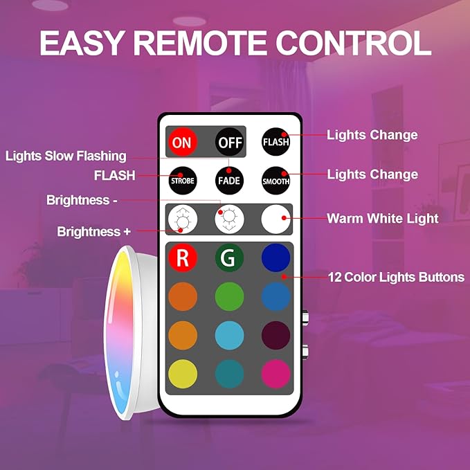 XRise GU10 LED Light Bulb Dimmable 3W LED Bulbs with 180°Flood Beam Warm White 6000K 12 Color Choices Remote Control Included Suitable for Bedroom Living Room Party Gathering（6 Pack ）