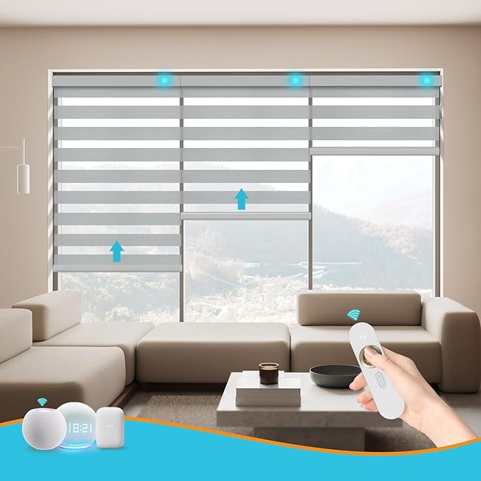 Motorized Zebra Blinds with Remote Smart Blind Work with Homekit Alexa SmartThings Electric Day and Night Shade Cordless Automatic Solar Powered Window Shade Customize(Grey)