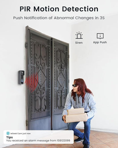 ieGeek Wireless Doorbell Camera No Subscription with Adjustable Angle Mount, 2K Smart Video Doorbell with Indoor Chime, Motion Detection, Real-time Alert, 2-Way Talk Voice Changer, Only 2.4GHz WiFi