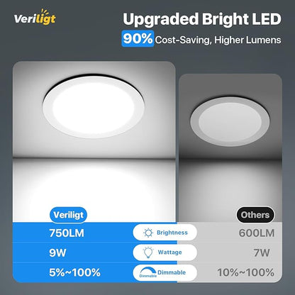 6 Pack 4 Inch 5CCT LED Recessed Light, Silm Canless Recessed Lighting, Dimmable, Damp Rated, 2700K-5000K Selectable, Wafer Ceiling Downlight with Junction Box, 750LM, 9W 120V, ETL&FCC