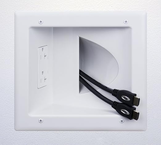DATA COMM Electronics 45-0032-WH Commercial Grade Recessed AV/HDMI Cable Conceal Plate, 20 Amp Dual Power Receptacle, White – Low Profile, Large Cable Pass-Through, Secure Drywall Mounting