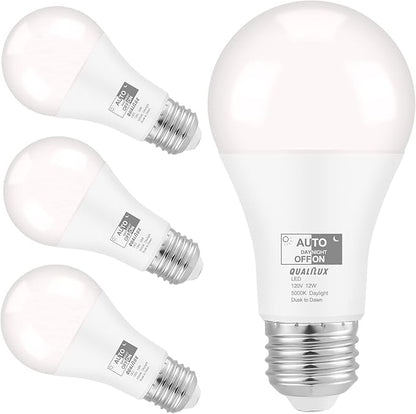Qualilux Dusk to Dawn Light Bulbs, Auto On/Off Light Sensing LED Bulbs Outdoor, Daylight, A19 4-Pack, 12W 1000LM 75W Equivalent, HQ-H024