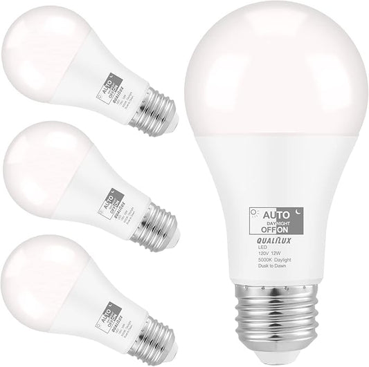 Qualilux Dusk to Dawn Light Bulbs, Auto On/Off Light Sensing LED Bulbs Outdoor, Daylight, A19 4-Pack, 12W 1000LM 75W Equivalent, HQ-H024