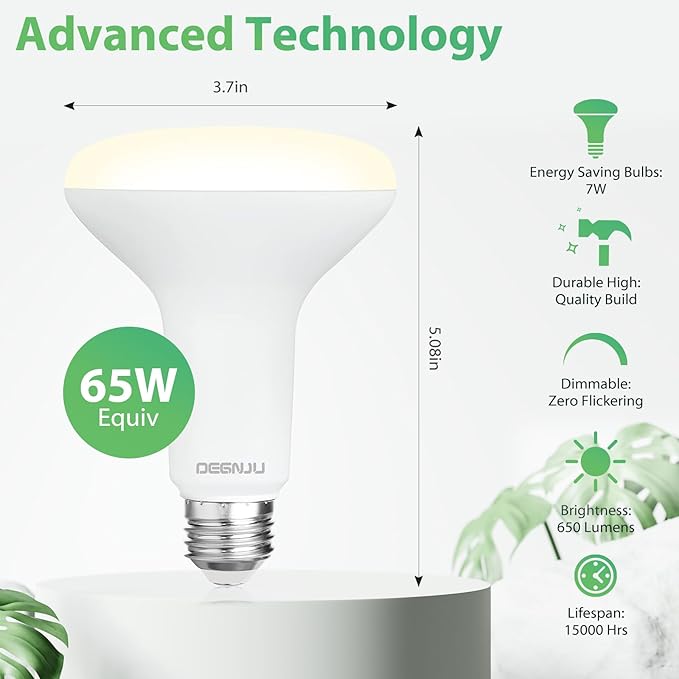 DEGNJU 48 Pack Indoor Flood Light Bulbs, BR30 LED Bulb 7W Equivalent 65W, Dimmable Recessed Light Bulbs, 650LM 3000K Warm White 15000 Lifetime LED Can Light Bulb, Interior Home E26 Base