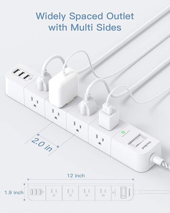 15 ft Surge Protector Power Strip, Flat Plug Extension Cord with 8 Widely Spaced AC Outlets and 3 USB Ports, ETL Listed Desktop Charging Station for Home Office Travel Computer Wall Mount
