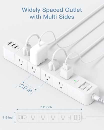 15 ft Surge Protector Power Strip, Flat Plug Extension Cord with 8 Widely Spaced AC Outlets and 3 USB Ports, ETL Listed Desktop Charging Station for Home Office Travel Computer Wall Mount