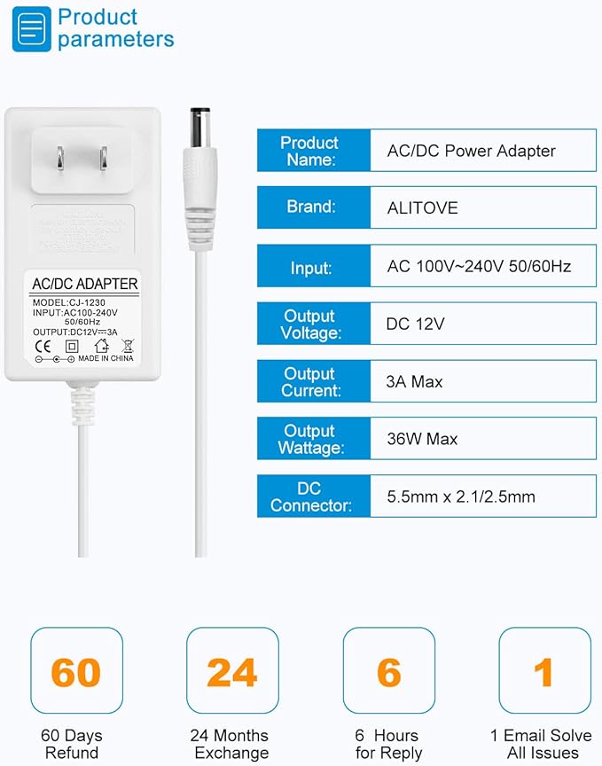 ALITOVE 12V Power Supply White 3A 36W AC Adapter 100-240V 50-60Hz to DC 12 Volt Power Cord 2A 1.5A 1A 5.5mmx2.5mm 2.1mm for LED Strip Light Lamp Digital Picture Frame Monitor Camera Router