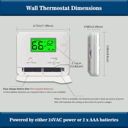 NonProgrammable Thermostat for House, Single-Stage Systems,Digital Energy-Saving Thermostat,1 Heat/1 Cool, Easy DIY Install，Green Backlight