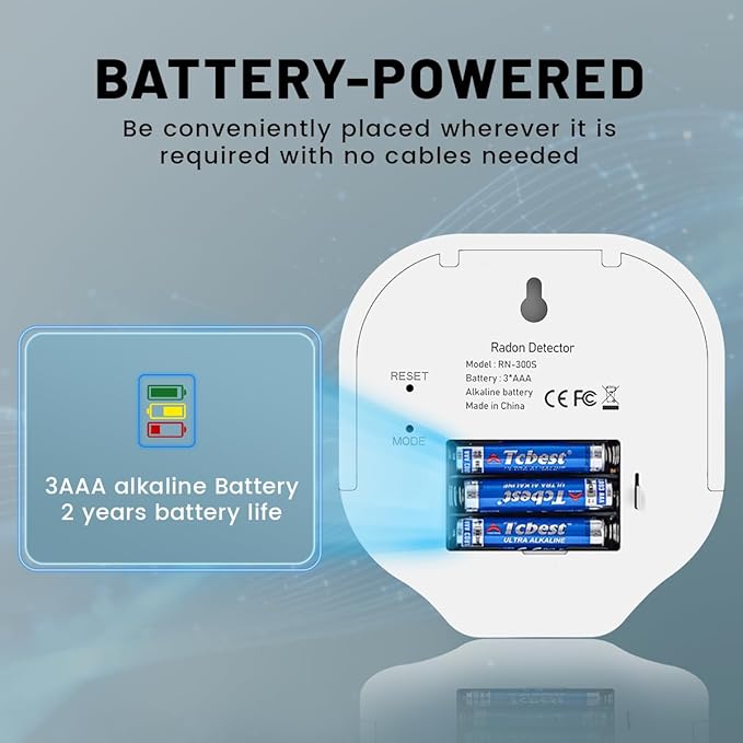 Radon Detector for Home, Office, Workplace, Hello Radon S, E-Ink Display, Alpha Spectrometer Sensor, 2-Year Battery Life, Wall Mounted & Free Standing, PCi/L & Bq/m³ Units Switchable
