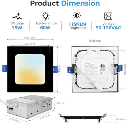 HONZIN 6 Pack 6 Inch Square Recessed Lighting, 5CCT Ultra Thin Square Recessed LED Downlight with Junction Box, 2700K/3000K/3500K/4000K/5000K Selectable, Dimmable,15W, Canless IC Rated, Black Trim