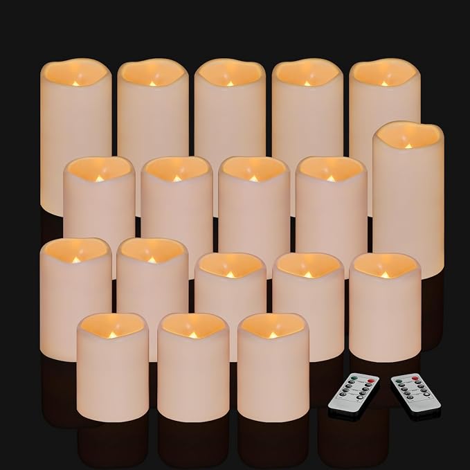 Flameless Candles 4" 5" 6" Outdoor Indoor Pillars Battery Operated Flickering Candles Include 10-Key Remote Timer 400+ Hours by 2 AA Batteries (Ivory Candle - Warm light, 3"D x 4"|5"|6" H - 18 Pack)