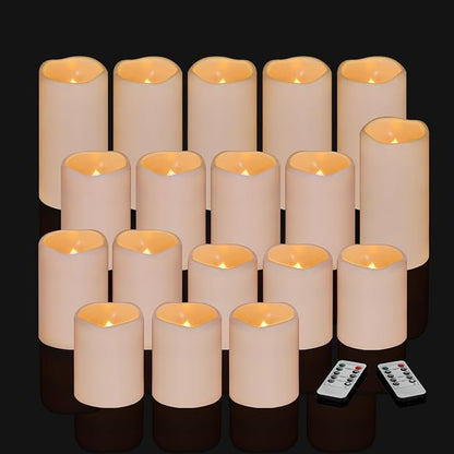 Flameless Candles 4" 5" 6" Outdoor Indoor Pillars Battery Operated Flickering Candles Include 10-Key Remote Timer 400+ Hours by 2 AA Batteries (Ivory Candle - Warm light, 3"D x 4"|5"|6" H - 18 Pack)