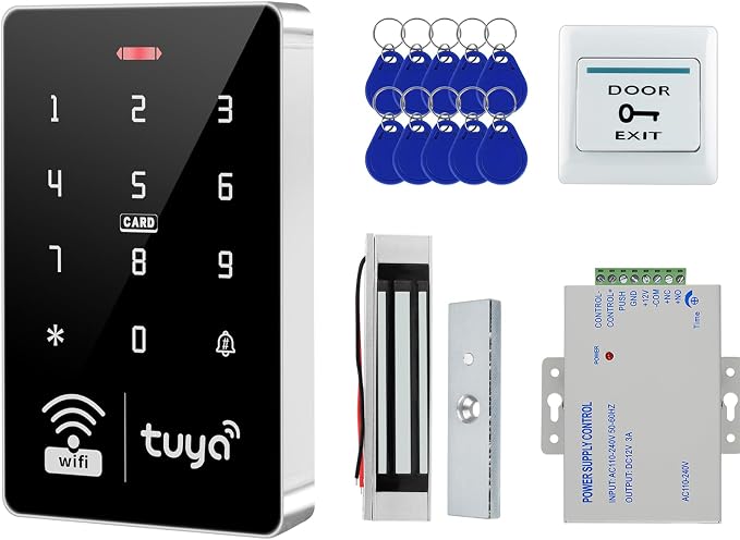 LIBO Tuya Access Control System Kit with 400lb Magnetic Lock | IP68 Waterproof Keypad, DC12V Power Supply, Exit Button, 10 IC Key Fobs, Easy install for Home, Office, Business