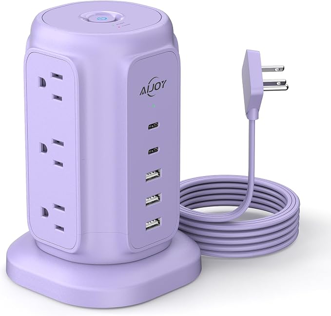 AiJoy Power Strip Tower with 9 AC Outlets and 5 USB Ports Charging Station | 1200J Surge Protector, 6.5 Feet Extension Cord with Multiple Outlets for Home Dorm Room Office Supplies Desk Accessories
