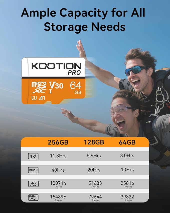 KOOTION Micro SD Card 64GB UHS-I microSDXC Flash Memory Card with Adapter, C10, U3, A1, V30, 4K UHD TF Card