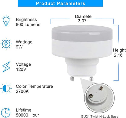 CRIOO GU24 LED Puck Light Bulb, 9W(60w CFL Equivalent), 2700K, 800LM, UL Listed, 2 Prong Light Bulbs for Home Kitchen Closet, Mini Twist Lock Spiral Low Profile Squat Bulb (2 Pack)