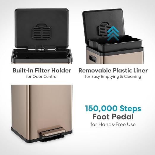SIMPLI-MAGIC 13 Gallon/50 Liter Kitchen Trash Can, Stainless Steel Step-On Garbage Bin with Side Handles, Built-In Odor Filter Holder & Removable Inner Bucket for Kitchen & Office & Bedroom, Rose Gold