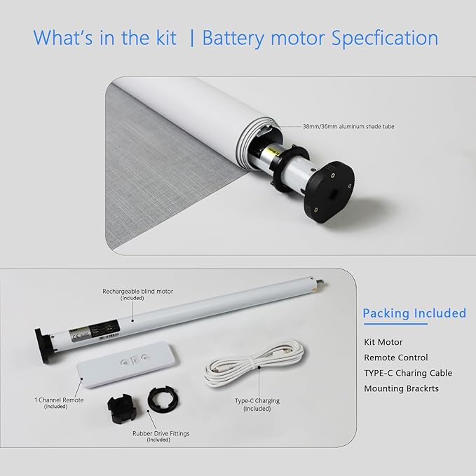 MING CHEN Smart Tubular Motors for 1.4"(36mm) 1.5"(38mm) Shade Tube Rechargeable Motorized Blinds Motor and RF Remote Control for Windows Shade Compatible with Alexa Google via HUB (2 Driver Crowns)