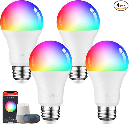 TORCHSTAR Smart WiFi LED A19 Bulb, RGBCW Color Changing, Compatible with Alexa & Google Home & Echo Assistant, 10%-100% Dimmable with App, No Hub Required, E26 Base, Pack of 4