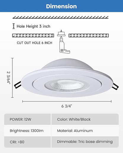 POPANU 6-Inch Gimbal Recessed Light - 12W 90° Tilt & 360° Rotation, 5CCT (2700K-5000K), IC Rated LED Eyeball Recessed Lighting, for Sloped Ceilings, Soffit Light, Hallyway，Kitchens, White 6 Pack