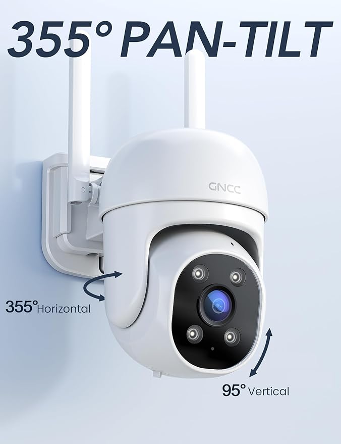 GNCC 2.4GHz Outdoor Security Camera, Plug-in Wired Cameras for Home Security, 355° PTZ Camera with 1080P Color Night Vision, Motion Detection, 2-Way Audio, Cloud Storage Subscription Required(2-Pack)