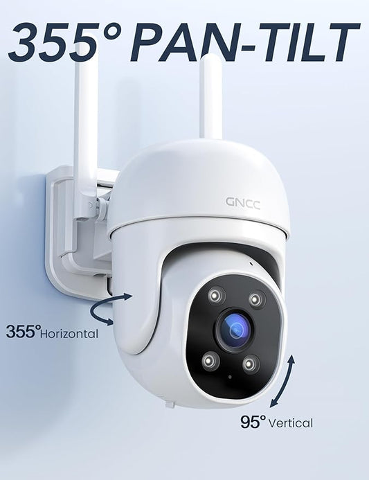 GNCC 2.4GHz Outdoor Security Camera, Plug-in Wired Cameras for Home Security, 355° PTZ Camera with 1080P Color Night Vision, Motion Detection, 2-Way Audio, Cloud Storage Subscription Required(2-Pack)