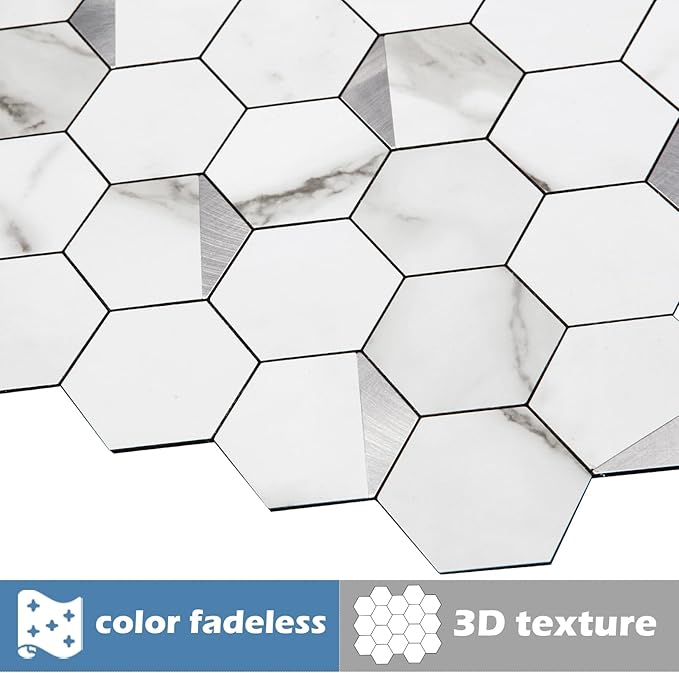 Hexagon Peel and Stick Backsplash for Kitchen Wall,20 Sheets Heat Resistant Stick on Backsplash PVC Smart Tiles, 12'' Gray White Marble Waterproof Peel and Stick Tile for Bathroom