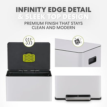 Simpli-Magic Infinity Edge 60 Liter / 16 Gallon Rectangular Hands-Free Extra Large Kitchen Step Trash Can, Soft-Close Single Lid Recycling Bin, Stainless Steel, White, 79680