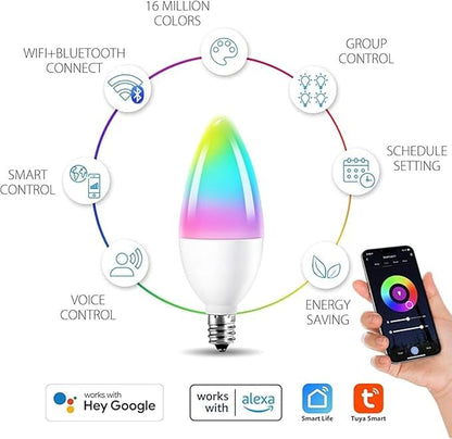 Candelabra Smart Light Bulbs 60W Equivalent, 450LM 5W LED Bulb Compatible with Alexa/Google Home, RGBCW 16 Million Color Changing Light Candle Bulb, No Hub Required, 2.4G (E12) (1)
